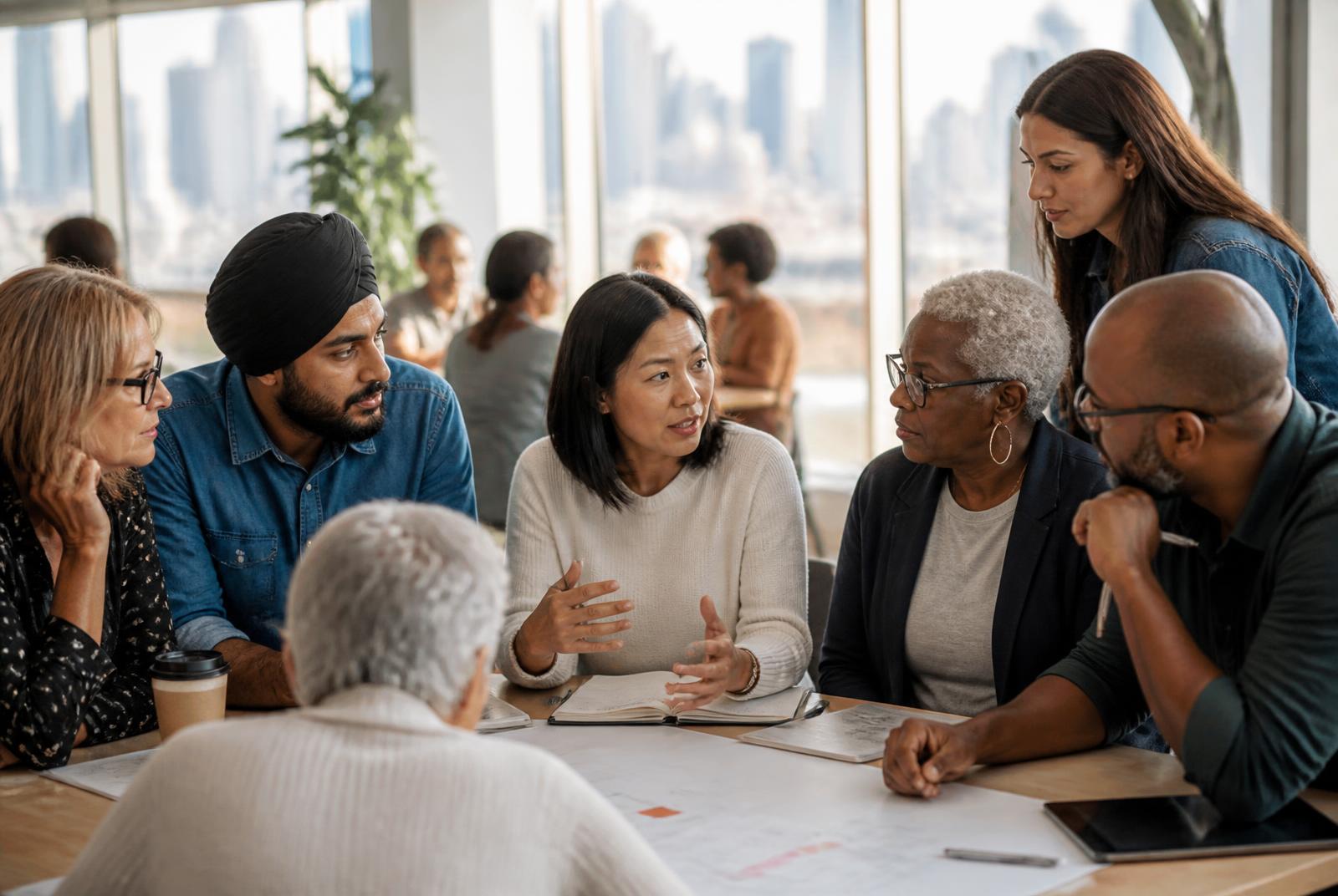 Community development professionals collaborating around a table in a bright meeting room